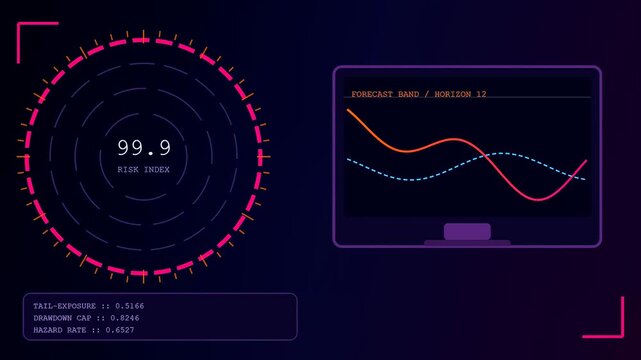 Digital displays showing probability modeling in a glowing dark space where three circular monitoring interfaces shift statistics across a neon purple and deep black atmosphere