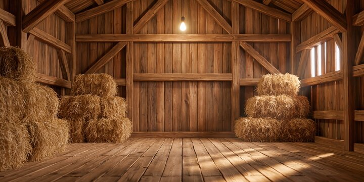 Barn interior with rustic wood walls and stacks of dry hay straw in a vintage farm building for agriculture storage