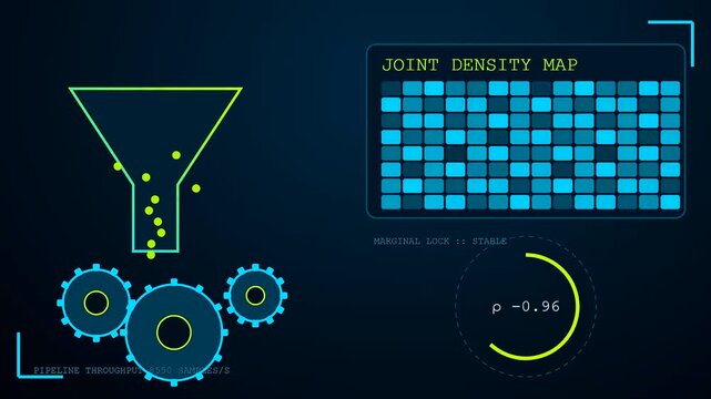 Three screens displaying probability modeling charts featuring animated funnel diagrams and gear mechanics with shifting density plots shown in a clean dark blue aesthetic digital interface