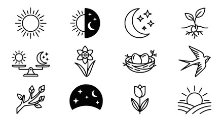 Obraz premium Nature Icons Set: Sun, Moon, Stars, Plant, Flower, Bird, Nest, Seasons