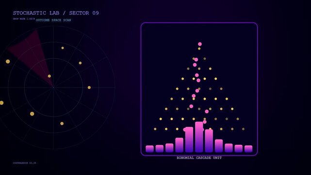 Data stream showing probability modeling in motion with glowing circular radar maps and glowing bar graphs against a deep purple aesthetic laboratory user interface screen
