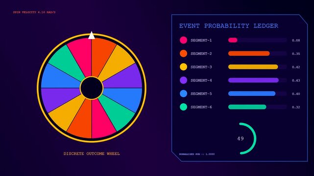 Probability modeling shown as colorful circular spinning charts within a digital interface that changes numerical values and segment data for visual analysis of random chance outcomes