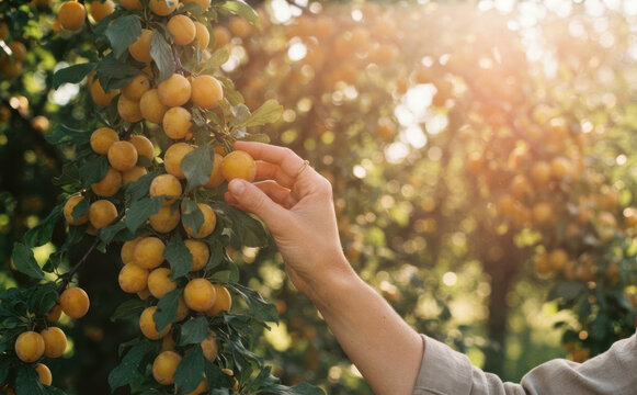 Harvesting ripe yellow plums in an orchard at sunset, sustainable agriculture and fresh fruit gathering concept