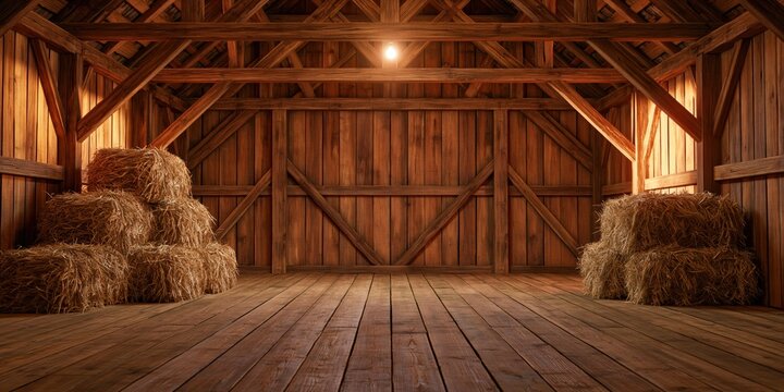 Barn interior with rustic timber beams and stacked hay bales in a wooden farm loft for agriculture straw storage