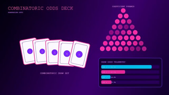 Probability modeling displayed across three sequential screen frames showing fluctuating statistical data sets with a deck of virtual playing cards arranged in a colorful digital interface