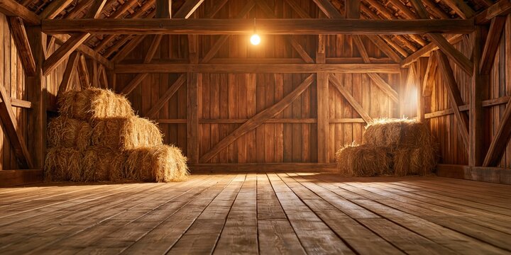 Barn interior with rustic wood timber beams and stacked hay bales illuminated by golden sunset light on a farm