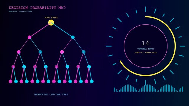 Probability modeling visual interface showing a multi tiered branching logic tree with glowing neon circular data rings pulsating rhythmically across a deep dark digital workspace screen