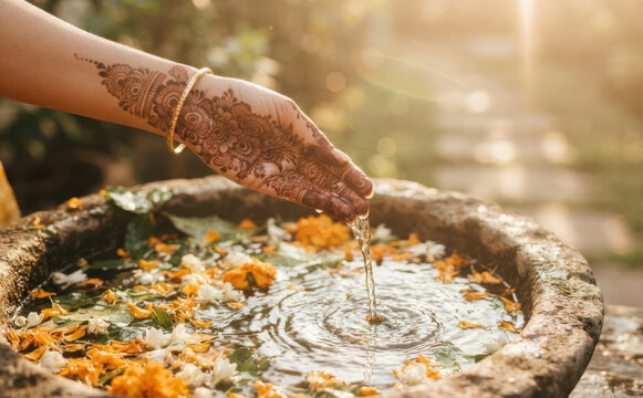 Woman with henna tattoo on hand touching water in floral bowl for traditional ritual ceremony