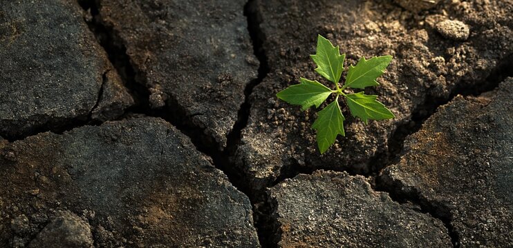 Plant sprout growing from dry cracked earth soil representing resilience and hope for nature growth and survival
