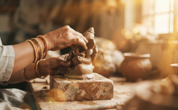 Indian female artisan crafting a clay Ganesha idol in a traditional pottery workshop