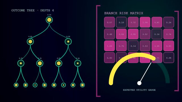 Probability modeling visual interface showing evolving decision tree structures and changing numeric risk matrix grids with glowing gauge meters updating in a continuous motion digital sequence