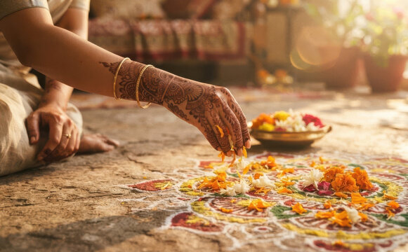 Woman with henna tattoo on her arm creating a traditional flower rangoli pattern for Indian festival celebration
