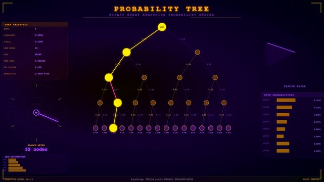 Probability modeling interface showing an iterative growth of tree node branching structures in a dark digital space with glowing yellow charts and purple radar graphics