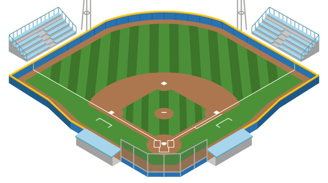 Isometric Vector Illustration of a Professional Baseball Stadium Featuring Infield Diamond, Outfield Grass, Bleachers, Pitcher's Mound and Home Plate in Flat Design Style.