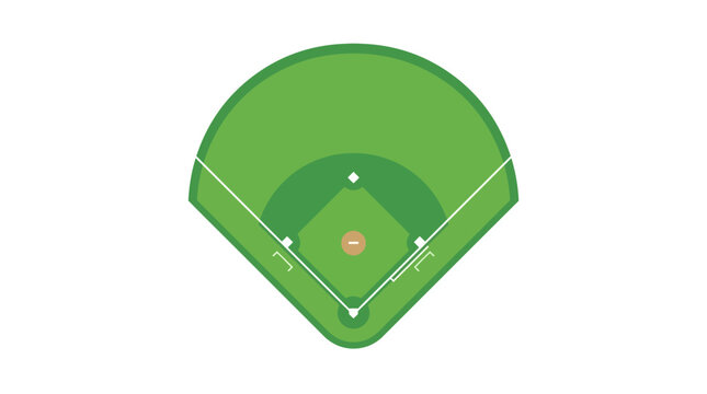 Minimalist Flat Design Vector Illustration of a Baseball Field Diamond Layout with Green Grass and White Markings Seen from an Aerial Birds Eye View Perspective on White Background