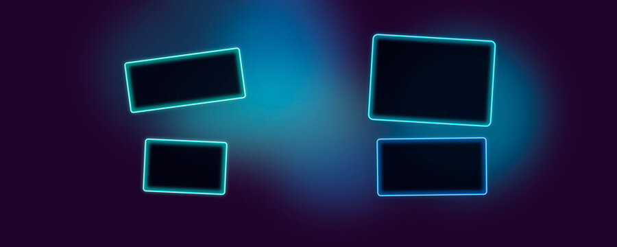 Four neon-outlined tiles hover on a dark blue and purple glow, offering a dramatic futuristic look for UI concepts, dashboards, and event promo.