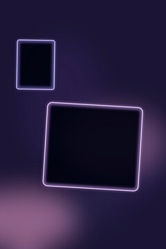 Two glowing neon-outlined rectangles hover on a moody dark purple gradient, creating a sleek, modern blank UI backdrop for app and web design mockups.