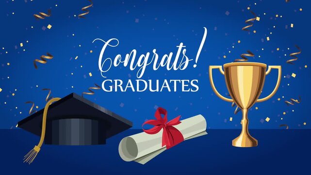 Congrats graduates motion graphic with graduation cap, diploma, trophy cup, and falling confetti on blue background.