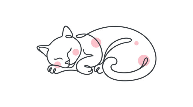 Minimalist cat line art sleeping with pink dots
