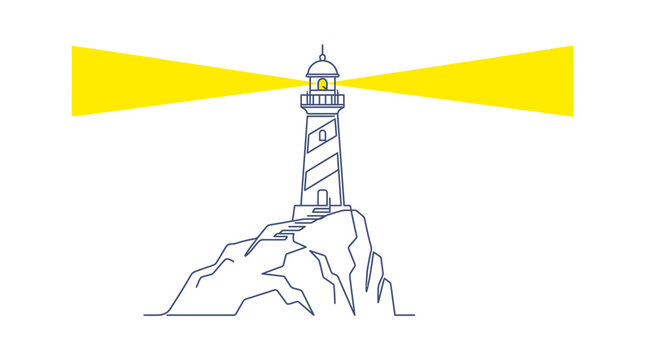 Lighthouse guiding beam on rocky coast
