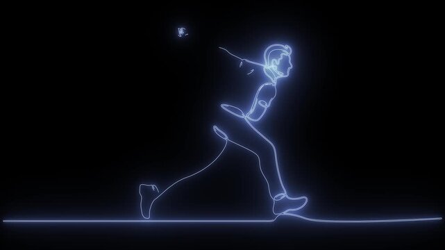 Continuous glowing blue line art animation of a cricket bowler running up to deliver a ball.