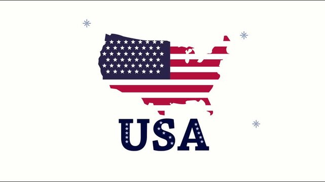 Animated united states of america map with usa text featuring red white and blue flag design motion graphic.