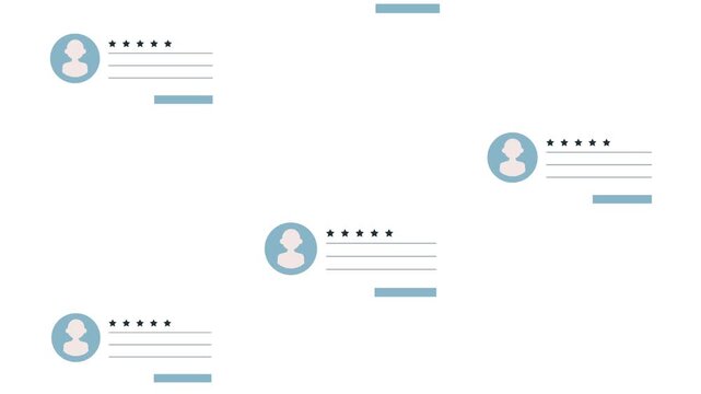 Multiple user reviews with stars and profile icons moving dynamically on white background.