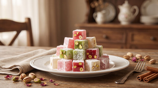 Stacked Turkish Lokum with Pistachio on Elegant Dessert Plate