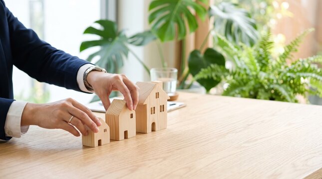 Hands arranging wooden house models on desk, real estate investment, property development planning, housing market analysis, mortgage loan application, home buying process