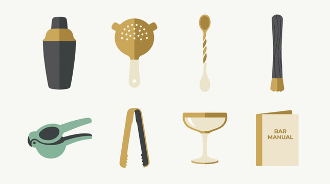 A collection of essential bartending tools prominently displayed, including a shaker, strainer, spoon, and more, ideal for creating cocktails and mixed drinks.