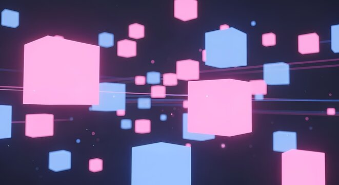 Glowing pink and blue cubes float through a dark digital space filled with energy lines and floating particles creating an immersive cybernetic environment for technology and science projects