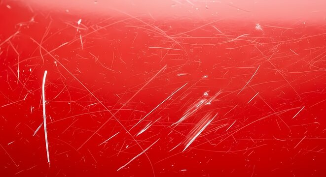 A vibrant crimson painted surface showing heavy wear and tear with numerous deep scratches across the entire metallic expanse revealing the damaged finish beneath the protective glossy top coat