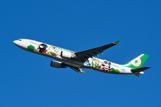 EVA Airways Airbus A330-300 (B-16331) passenger plane wearing the Bad Badtz-Maru Travel Fun special livery taking off from Narita International Airport