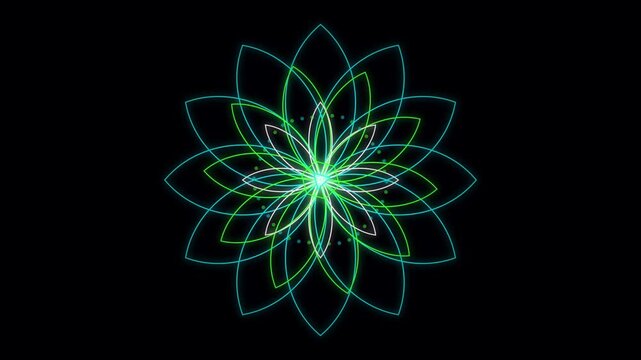 Glowing neon geometric lotus flower animation on dark background