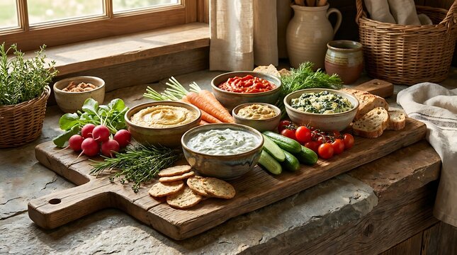 Healthy vegetable platter with assorted dips and crackers on a rustic wooden table in a kitchen. kitchen dip station