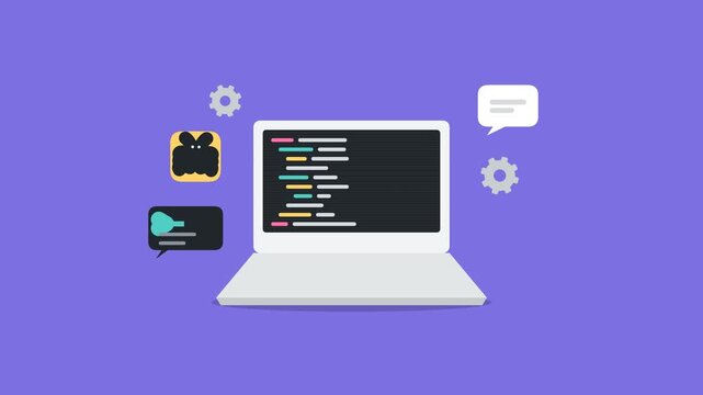 flat design laptop displaying programming code and software debugging icon