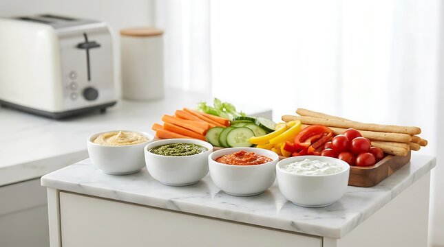 Fresh vegetable sticks and dipping sauces in bowls on a kitchen counter for a healthy snack. kitchen dip station