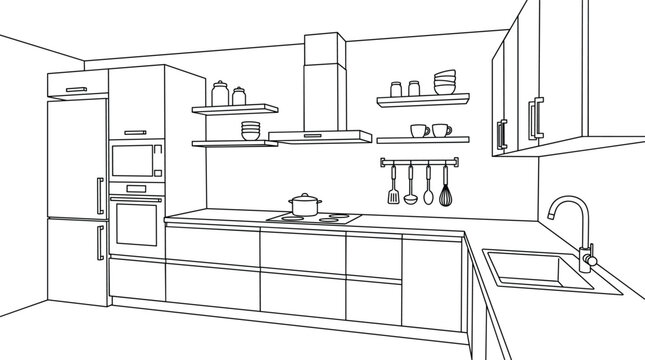 Modern corner kitchen interior perspective sketch featuring modular cabinets sink faucet integrated appliances shelves and stove view