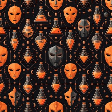 Seamless pattern with magic potion bottles and mysterious masks on a dark background