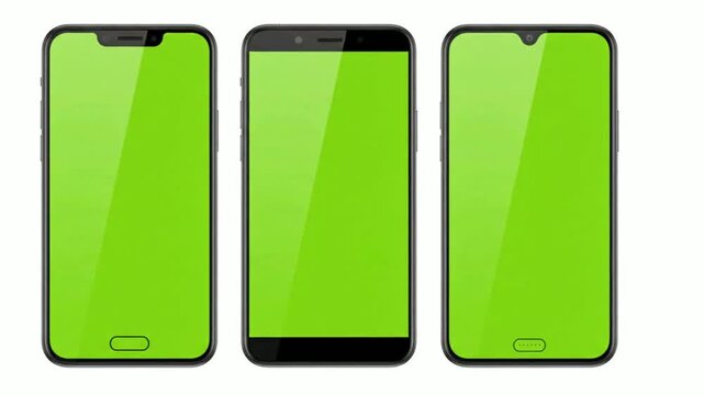 Three modern smartphones with green screen display for app ui mockup, isolated on white background, chroma key