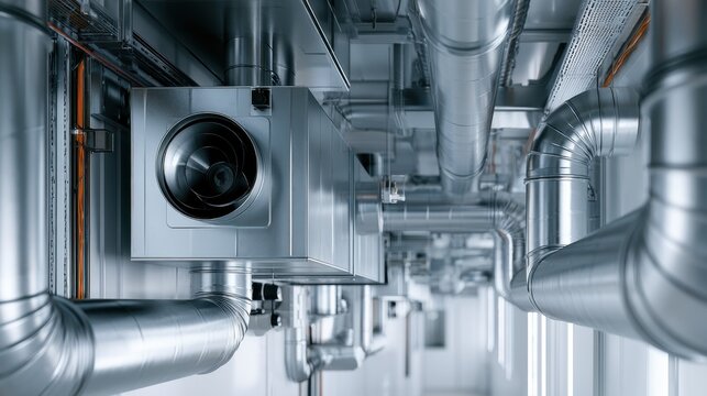 Modern Industrial Ventilation System with Metal Ducts and Air Handling Units in a Ceiling Environment for Commercial Building Applications
