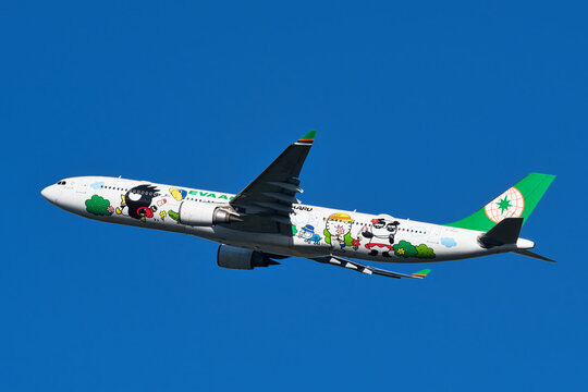 EVA Airways Airbus A330-300 (B-16331) passenger plane wearing the Bad Badtz-Maru Travel Fun special livery taking off from Narita International Airport