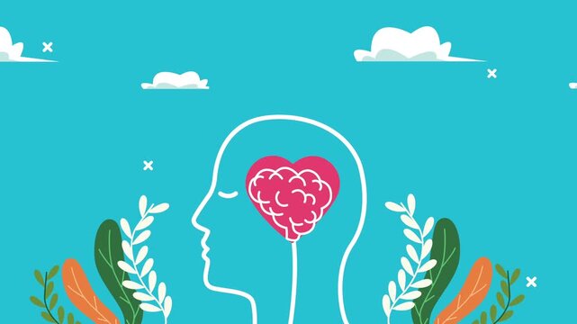 Mental health care concept motion graphic with brain inside heart and leaves on blue background.