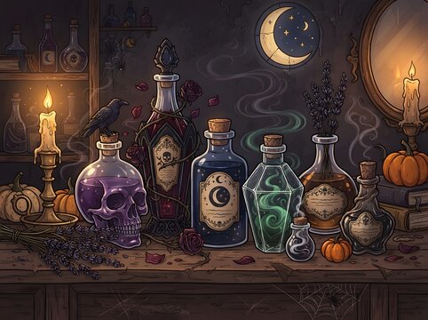 Magic potion bottles with a skull and candles on a dark spooky halloween night table