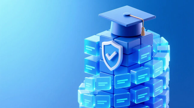 3D illustration of Modern Education Technology Platforms with graduation cap on secure data blocks representing efficient curriculum management on digital network