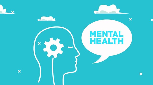 Mental health awareness animation with human profile and gear in brain with speech bubble.