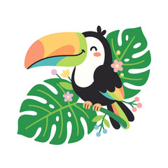 Obraz premium Cute Toucan Bird Sitting on a Branch with Tropical Leaves.