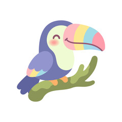 Obraz premium Cute cartoon toucan bird illustration sitting on a branch.