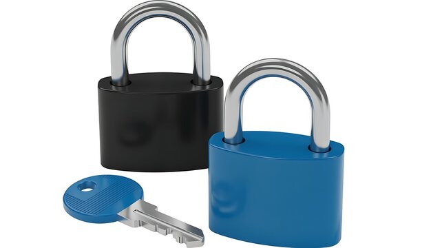 Set of Two Colorful Metal Padlocks and a Corresponding Security Key for Home Protection and Privacy Concept