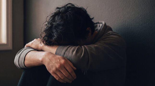 A young man sitting in the dark with his head resting on his knees, expressing deep sadness, depression, and mental health struggles.